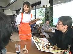 Two japanese waitresses blow dudes and swap cum