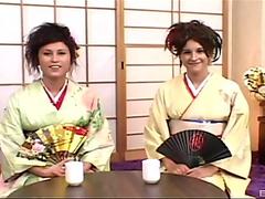 Asian babes Sakura Scott and Sayuri have kinky FFM threesome